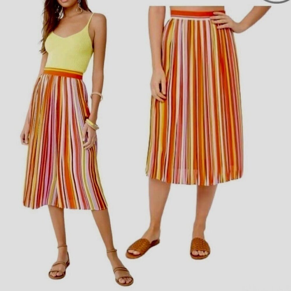 Forever 21 Contemporary Multi Stripe Pleated Midi Skirt Orange Red Purple Size L